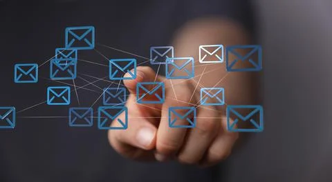 Abstract virtual postal envelopes sketch on blurry office buildings background, Stock Photos