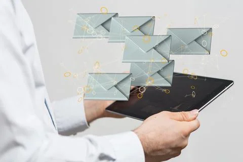 Abstract virtual postal envelopes sketch on blurry office buildings background, Stock Photos