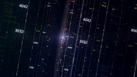 Abstract virtual space with parallel narrow lines and changing numbers on black Stock Footage 150716732