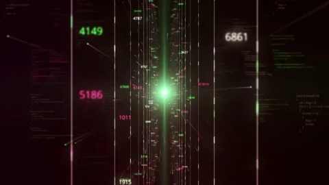 Abstract virtual space with parallel narrow lines and changing numbers on black Stock Footage 150907784