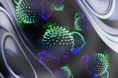 Abstract virus molecule background illustration. Spiral DNA and bacteria. T.. Stock Illustration