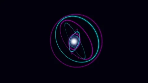 Abstract visualization of an atomic structure with glowing orbital rings Video stock 335117758