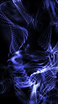 Abstract visualization of dynamic blue particles forming fluid, wave-like mot Stockillustratie