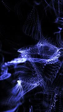 Abstract visualization of dynamic blue particles forming fluid, wave-like m.. 스톡 일러스트