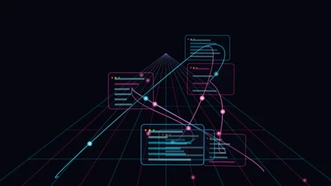Abstract visualization of floating programming code windows Stockbeeldmateriaal 342585211
