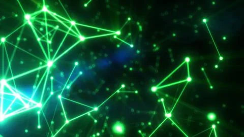 Abstract visualization of a glowing green neural network or digital data conn Stock Photos