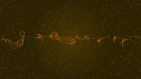 Abstract visualization of golden particles forming wave-like pattern on dark Stockbeeldmateriaal 295470244