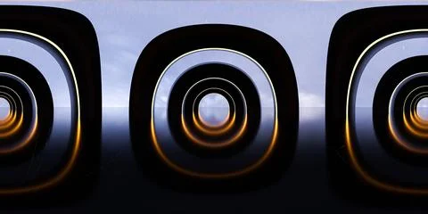 Abstract Visualization of Infinite Tunnel Reflective Surfaces in Blue and Gold Stock Illustration