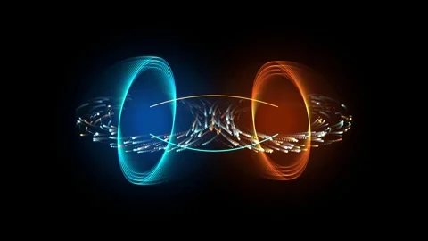 Abstract visualization of two swirling glowing energy orbs with trail Stockbeeldmateriaal 348127934