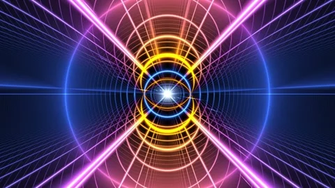Abstract VJ Motion Background with Neon Light Grid and Glowing Rings Stock Footage 330485999