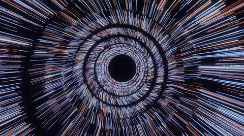 Abstract vortex of blue and red circles spinning on black background, seamless Illustrazione stock