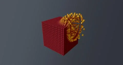 Abstract wallpaper background exploding red cube yellow particles blue 库存照片