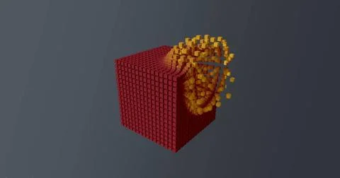 Abstract wallpaper background exploding red cube yellow particles blue abs... 库存照片