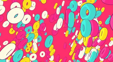 Abstract wallpaper background flying colorful donuts pink blue yellow white c Stock Photos
