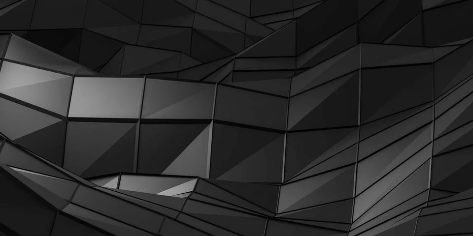 Abstract wallpaper, dark surface triangles with black wire mesh 3d render Illustrazione stock