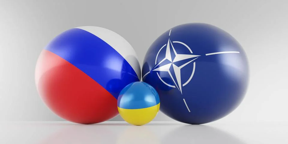 Abstract war on ukraine flag with flags of russia, ukraine and NATO 3d render Stock Illustration