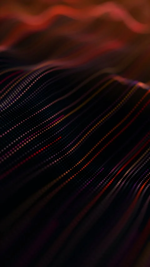 Abstract warm orange red particle wave landscape, glowing dotted lines form.. Video stock 325388956