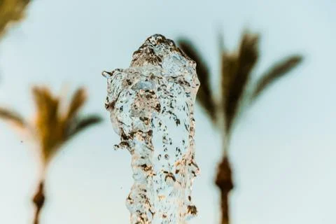 Abstract water wave drop in motion with palm tree and blue sky background Stock Photos