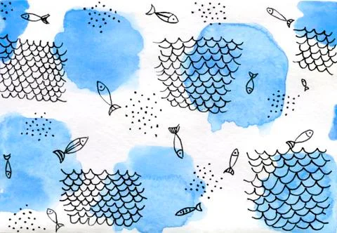 Abstract watercolor hand drawn background. Blue spots and drawing by the gel Stock Illustration