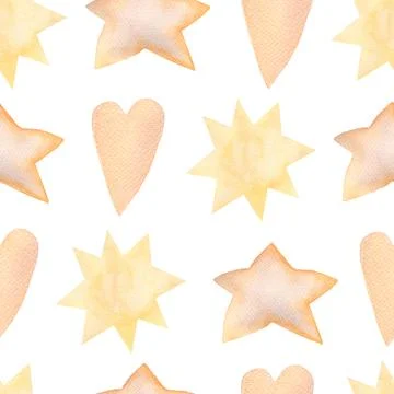 Abstract watercolor seamless pattern with hand painted heats,stars and sun .. Stock Illustration
