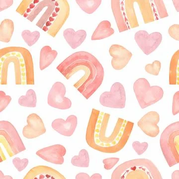 Abstract watercolor seamless pattern with hand painted rainbows and hearts... Stock Illustration