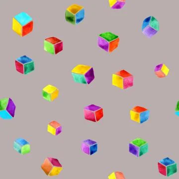Abstract watercolor seamless pattern of multicolored cubes Stock Illustration