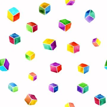 Abstract watercolor seamless pattern of multicolored 3d cubes on a white 스톡 일러스트