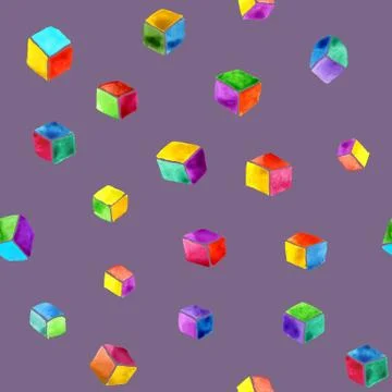 Abstract watercolor seamless pattern of multicolored cubes on a purple Stock Illustration