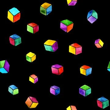 Abstract watercolor seamless pattern of multicolored cubes on a black background Stock Illustration
