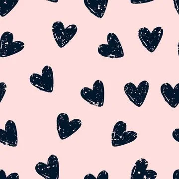 Abstract watercolor vector seamless pattern. Black hand-painted hearts on lig Stock Illustration