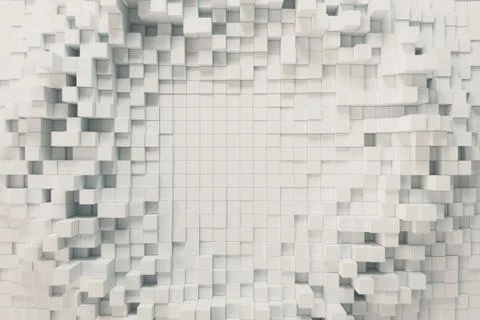 Abstract wave background with moving white cubes. Geometric concept with rand Foto stock