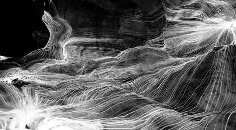 Abstract wave of digital weave lines connecting network dots and dark background Illustrazione stock