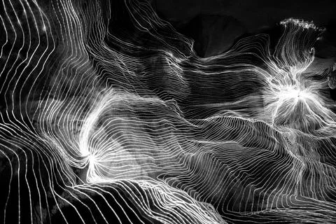 Abstract wave of digital weave lines connecting network dots and dark background Illustrazione stock