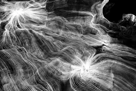 Abstract wave of digital weave lines connecting network dots and dark background Stock Illustration