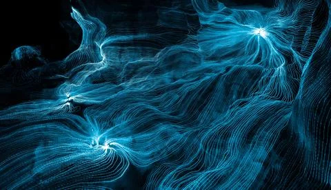 Abstract wave of digital weave lines connecting network dots and dark background Stockillustratie
