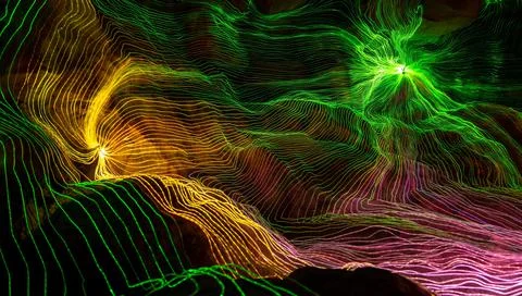 Abstract wave of digital weave lines connecting network dots and dark background 스톡 일러스트
