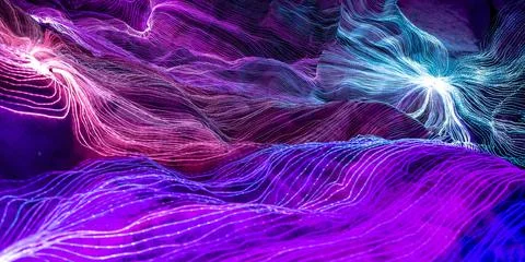 Abstract wave of digital weave lines connecting network dots and dark background Illustrazione stock