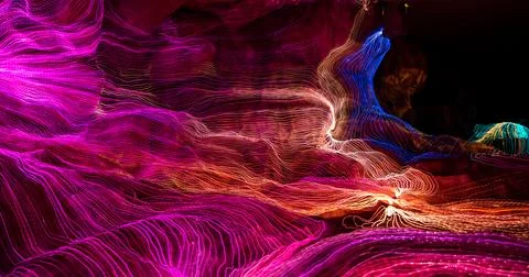 Abstract wave of digital weave lines connecting network dots and dark background 스톡 일러스트