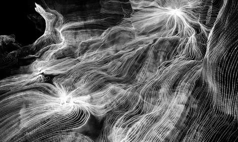 Abstract wave of digital weave lines connecting network dots and dark background 스톡 일러스트