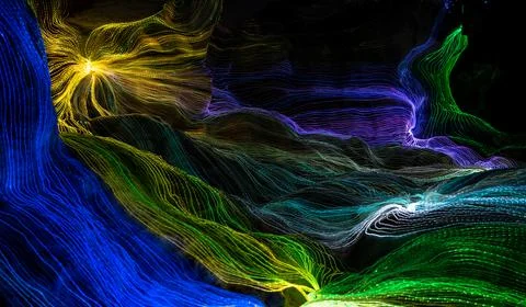 Abstract wave of digital weave lines connecting network dots and dark background Illustrazione stock
