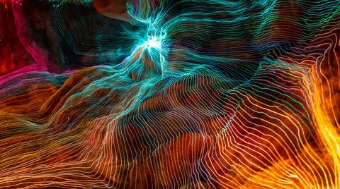 Abstract wave of digital weave lines connecting network dots and dark background Illustrazione stock