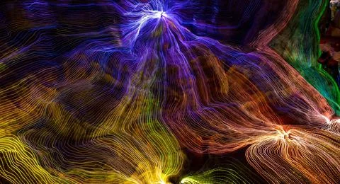 Abstract wave of digital weave lines connecting network dots and dark background Stockillustratie