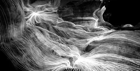 Abstract wave of digital weave lines connecting network dots and dark background Stockillustratie