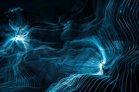Abstract wave of digital weave lines connecting network dots and dark background Stock Illustration