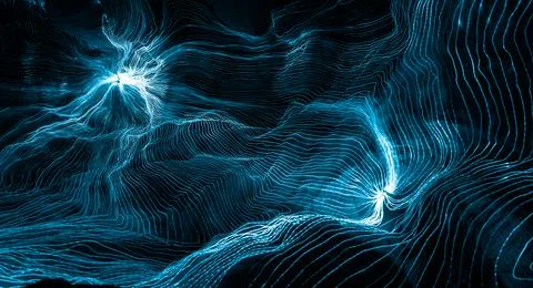 Abstract wave of digital weave lines connecting network dots and dark background Illustrazione stock