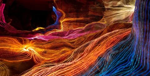 Abstract wave of digital weave lines connecting network dots and dark background Stock Illustration