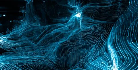 Abstract wave of digital weave lines connecting network dots and dark background Stock Photos