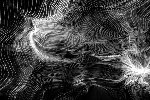 Abstract wave of digital weave lines connecting network dots and dark background Stock Photos