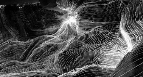 Abstract wave of digital weave lines connecting network dots and dark background Stock Photos