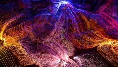 Abstract wave of digital weave lines connecting network dots and dark background Stock Photos
